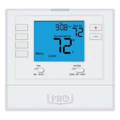 Square push-button thermostat for heat and cool applications. Supports 2H/2C conventional stages with manual changeover and 7-day programming. Temperature control range 44° to 90°F. Includes terminal designations B/C/G/O/RC/RH/W/W2/Y2. Designed for horizontal mounting.
