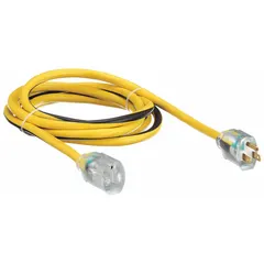 This outdoor extension cord features a single NEMA 5-15P outlet and a 10 ft length with 12/3 SJTW construction. Rated for temperatures from -40° to 167°F, it is suitable for powering tools, equipment, or lighting in outdoor environments such as construction sites, landscaping, or maintenance work.