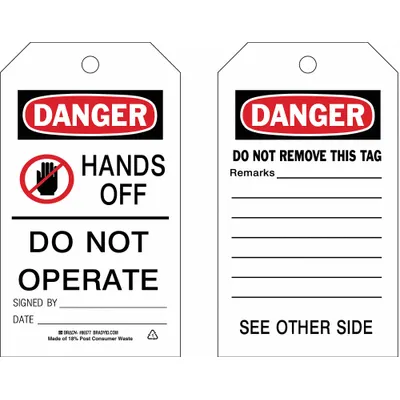 BRADY Danger Tag: Danger, HANDS OFF DO NOT OPERATE SIGNED BY___DATE___, Polyester - Safety