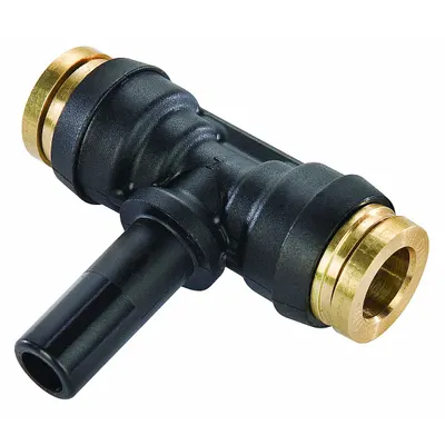 PARKER Push-Fit Tee Fitting: 3/8 in OD x 1/4 in OD x 3/8 in OD Fitting Size, Nylon - Brass & Composite Air Brake Fittings