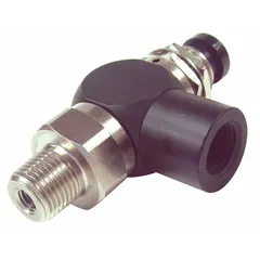 Three-way, two-position manual air control valve with spring return and normally closed operation. Button actuator. Aluminum body. Ports: 1/8 in x 10-32 Female NPT. Used to direct or block compressed air flow in pneumatic systems for industrial automation, machine tools, and assembly equipment.