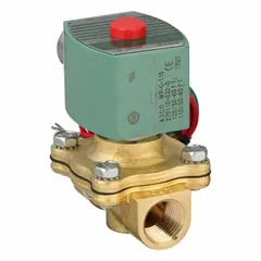This REDHAT solenoid valve is a 2-way/2-position, normally closed type with a 1/2 in pipe size. It operates on 120V AC (110V AC/120V AC) and features a watertight coil enclosure for protection in damp or washdown environments. Commonly used to control the flow of liquids or gases in industrial automation, irrigation, and process control systems.