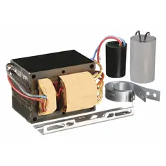 Metal halide ballast kit for 100 W lamps with ANSI Code M140/M90 and pulse start. Operates on 120/208/240/277V AC. Includes mounting bracket. Used in industrial and commercial lighting applications requiring high-intensity discharge operation.