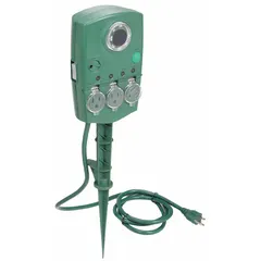 This outdoor power stake features a 6 ft, 14/3 gauge extension cord with a NEMA 5-15P plug and three grounded outlets. It supports 8.4 A current and includes a photocell that automatically activates the outlets at dusk, suitable for landscape lighting, holiday decorations, or small appliances in gardens, patios, or walkways.