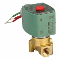 This REDHAT solenoid valve is a 2-way/2-position, normally closed, high-flow valve with a 1/4 in pipe size. It operates at 120V AC (110V AC) and features a coil enclosure without a junction box. Suitable for on/off control of liquids or gases in industrial automation, irrigation, and process control systems.