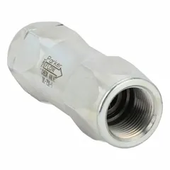 Steel-body check valve with 1-inch NPT inlet and outlet connections. Allows flow in one direction and prevents backflow in hydraulic systems. Rated for 3000 psi and 100 gpm.