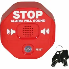 Battery-powered door alarm with key lock cylinder for arming/disarming. Emits a horn sound when door is opened. Red polycarbonate body. Suitable for securing emergency exit doors in commercial and institutional settings.