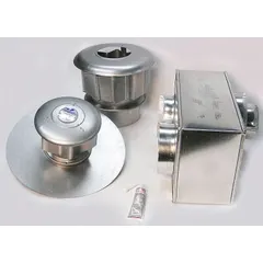 Steel venting assembly for gas unit heaters, designed as a concentric Y type for intake and exhaust. Includes vent box assembly. Compatible with unit heater models 4DG06 to 4DG45. 5-inch vent diameter. Surface mount installation.