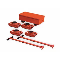 This machine roller kit includes 15 steel rollers and a rubber-padded top plate, with a deck height of 5 inches. The kit is finished in red and comes with a storage case. It is used for moving heavy machinery and equipment in industrial plant maintenance, rigging, and relocation tasks.