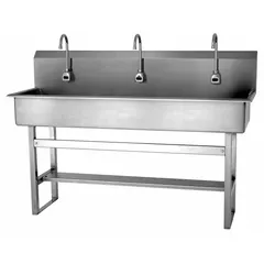 Three-station freestanding wash station with sensor-activated faucets. Constructed of 16-gauge material with a 57-inch bowl length, 8-inch bowl depth, and 2 gpm flow rate. AC powered. Suitable for commercial handwashing applications where hygiene and water conservation are priorities. Side splash not included.