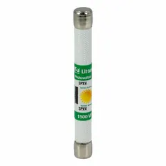 Fast-acting cylindrical fuse rated 25 A and 1500 V DC for overcurrent protection in photovoltaic systems. Suitable for safeguarding solar panel strings and combiner boxes in high-voltage DC installations.