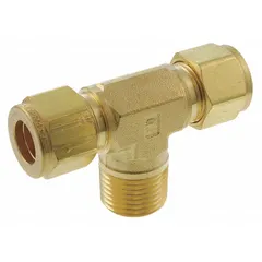 This double-ferrule brass compression tee fitting from PARKER is used to branch or join three tubing lines in fluid or gas systems. It features 1/2 in OD tube connections on two ends and a 1/2 in pipe size connection on the third. Compatible with Parker A-LOK fittings, it is suited for applications requiring leak-free connections in industrial environments.