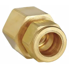 Brass compression fitting adapter with single-ferrule design. Connects 1/8 in OD tubing to 1/8 in FNPT threaded ports. Suitable for tube-to-pipe connections in pneumatic, hydraulic, and instrumentation systems.