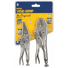 This set includes two curved locking pliers with max jaw openings of 2 in and 1-1/2 in, and overall lengths of 6 in and 7 in. The plain grip handles provide secure clamping on round or irregular workpieces. Suitable for general clamping and gripping tasks in maintenance, fabrication, and repair.