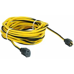 This 50-foot outdoor extension cord features a NEMA 5-15P plug and a single grounded outlet. The 12/3 SJTW jacket withstands weather and abrasion, with a temperature rating from -40° to 167°F. Suitable for powering tools, lights, or equipment in outdoor settings such as construction sites or landscaping.