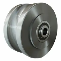 U-groove wheel designed for guided movement along tracks or rails in material handling systems and industrial machinery. Wheel diameter 4 in, width 2 in, with a 1/2 in axle size. Load capacity 1,325 lb. Clear finish.