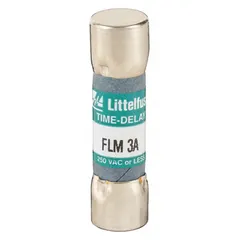 The LITTELFUSE FLM003 is a midget, time-delay cylindrical fuse rated at 3 A and 250 V AC. It has a non-indicating design with dimensions of 13/32 in x 1 1/2 in. This fuse is used for overcurrent protection in industrial equipment, such as motor circuits and control transformers, where temporary inrush currents occur.