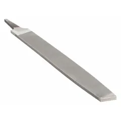 This 12-inch rectangular file features a tapered double-cut design with a bastard cut for rapid material removal. It measures 1 1/4 inches wide and 9/32 inches thick, suitable for shaping and smoothing flat surfaces on metal, wood, and plastic in machining and maintenance tasks.