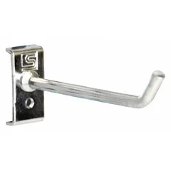 Set of 5 single rod hooks for square-hole pegboards. Made of steel with a zinc-plated silver finish. Features a screw-in locking system for secure attachment and includes a black holding clip. Suitable for organizing tools and hardware in workshops, garages, and retail displays.