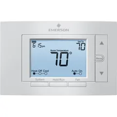 Rectangular, horizontal-mount thermostat with push-button control. Supports 2H/2C conventional and 2H/2C heat pump stages. Features automatic changeover, 5-1-1/5-2/7 day programming, and temperature control range of 45° to 99°F. Terminal designation C.