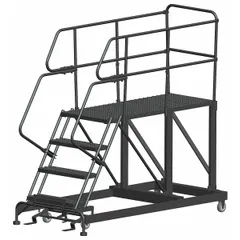 This rolling single-access platform provides a stable elevated work surface for maintenance, assembly, and warehousing tasks. It features a fixed-height steel platform with handrails and a foot-activated step lock for secure positioning. The unit supports up to 800 lb and rolls on casters for mobility.
