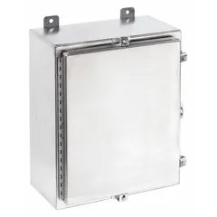 This 304 stainless steel enclosure measures 24 x 20 x 8 inches and is rated NEMA 12/13/3R/4/4X for protection against dust, water, and corrosion. It features a solid cover secured by clamps and is designed for wall mounting. Knockouts are not included. Typical applications include housing electrical controls, terminals, and instruments in industrial environments.