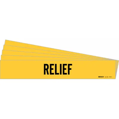 BRADY Pipe Marker: Relief, Yellow, Black, Fits 2 1/2 to 7 7/8 in Pipe O.D., 1 Pipe Markers - Relief Adhesive Pipe Markers