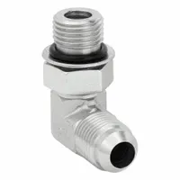 This rigid 90° elbow adapter connects ORB (O-Ring Boss) to JIC (Joint Industry Council) ports in hydraulic systems. It features male x male connections with 3/8 in x 3/8 in fitting size, constructed from steel for fluid power applications requiring leak-resistant right-angle routing