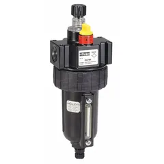 Parker 16L14BE micro-mist lubricator injects a fine oil mist into compressed air lines to lubricate pneumatic tools, cylinders, and valves. It has 1/4 in NPT ports, 40 cfm flow capacity, 250 psi max operating pressure, knob adjustment, and a 16L reservoir. Zinc body.