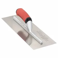 This square-end finishing trowel features a stainless steel blade with a square shape and curved design. The DuraSoft handle provides comfort during use. It is suited for smoothing and finishing concrete surfaces, particularly in corners and edges.