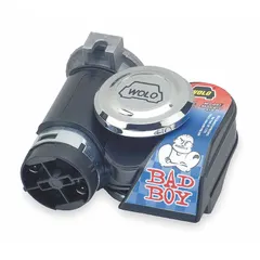This WOLO air-powered horn produces a high tone at a maximum sound level of 124 dB. It includes a heavy-duty 12 V electric solenoid valve and measures 3 inches in width. The horn is black with an unfinished finish and is designed for use on passenger vehicles for warning and signaling purposes.