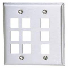 This 2-gang, 9-port keystone wall plate is constructed of stainless steel with a gray finish. It features a flat module style and vertical outlet orientation, designed to accept keystone jack modules for structured cabling installations in commercial and residential settings.