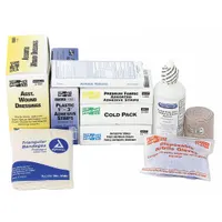 This bulk unitized refill is designed for industrial first aid kits serving 50 people. It includes 115 adhesive bandages, a trauma pad, 2 eyewash units, and 24 aspirins. The kit is ANSI/ISEA Z308.1-2009 Type I and OSHA compliant, with latex-free components. Suitable for use in factories, warehouses, and job sites to treat minor wounds and eye injuries