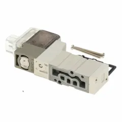 Five-way, two-position directional control valve from the SYJ3000 series. Single solenoid, plug-in design with 24V DC operation. Die cast zinc body. Used to control pneumatic cylinders and actuators in industrial automation.