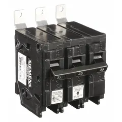 The Siemens B335 is a three-pole miniature circuit breaker from the BL Series, rated 35 A at 240V AC. It is designed for bolt-on installation in Siemens P1 Panelboards and provides overcurrent protection in three-phase electrical distribution systems. With a maximum AIR rating of 10kA at 240V AC, it is suitable for standard applications requiring reliable circuit interruption.