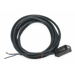 OMRON E3Z-T81 is a rectangular through-beam photoelectric sensor set comprising a receiver and transmitter with non-terminated cables. It operates on a 12-24V DC supply with PNP output. Typical applications include object detection, counting, and positioning in industrial automation and packaging lines.