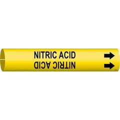 Yellow snap-on pipe marker with black 'Nitric Acid' legend and directional arrows. Fits pipe outer diameters from 2-1/2 to 3-7/8 inches. Used to identify pipes carrying nitric acid in industrial piping systems.