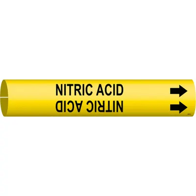 BRADY Pipe Marker: Nitric Acid, Yellow, Black, Fits 2 1/2 to 3 7/8 in Pipe O.D. - Nitric Acid Snap-On Pipe Markers