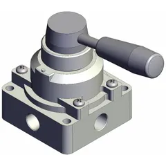 Manual air control valve with lever actuator and side-ported body. Features 1/4 in NPT ports and maximum operating pressure of 1 MPa. Suitable for directing or shutting off compressed air in pneumatic circuits requiring manual control.