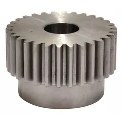 Steel inch spur gear with standard hub, 18 teeth, 20° pressure angle, Pitch 16, 3/4 in bore diameter, 1.13 in pitch diameter. No keyway. Used for transmitting torque and motion between parallel shafts in inch-system power transmission applications such as conveyors and machine tools.