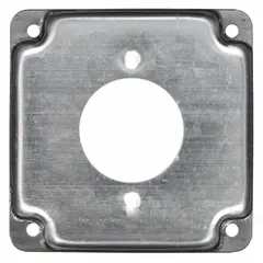 Galvanized zinc cover for 2-gang square electrical boxes. Crushed corner design provides a flush finish. Used to protect wiring connections in indoor electrical installations.