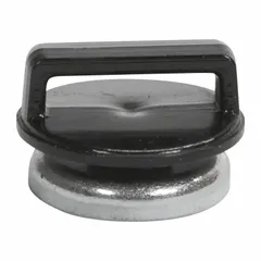 Black magnetic cable tie mount with a 0.75-inch slot width and 0.16-inch slot height, overall height 0.56 inches. Designed for use with hook and loop straps to secure and route cables, wires, or hoses on ferrous metal surfaces in control panels, machinery, or automotive applications.