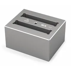 This anodized aluminum dry block heater is designed for heating samples in tubes or vials without direct liquid contact. With overall dimensions of 3 3/4 inches width and 3 inches length, it features a well depth of 25 3/8 mm and includes a thermometer well for temperature monitoring. Suitable for use in laboratory incubation and reaction applications.