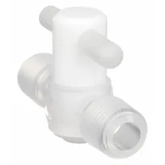 This 2-way high-purity plug valve features a PFA body with PTFE seals, designed for handling corrosive chemicals. It has 1/4 in NPT male connections (MNPT x MNPT) and a tee handle. Suitable for applications requiring chemical resistance in fluid control systems.