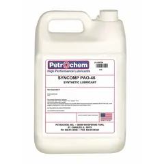PETROCHEM SYNCOMP PAO-46 is a synthetic air compressor oil with SAE 15 grade, ISO viscosity grade 46, and viscosity index 134. Supplied in a 1-gallon jug, it is formulated for use in rotary screw, vane, and reciprocating air compressors to reduce wear and dissipate heat.
