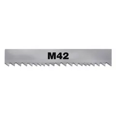 General purpose metal cutting blade with M42 high-speed steel cutting edge for ferrous and non-ferrous materials. Bi-metal construction with variable cutting edge design reduces noise and vibration. Blade width 3/4 in, length 9 ft 3 in. Suitable for production sawing, maintenance, and fabrication applications.