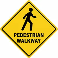 This vinyl floor sign is designed for pedestrian walkway applications, featuring an anti-slip surface to reduce slip hazards in high-traffic areas. It mounts permanently via adhesive backing, measures 17 in x 17 in with a 0.012 in thickness, and is not retroreflective or glow-in-the-dark