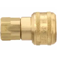 Brass quick-connect coupling body for pneumatic systems. Features 1/8"-27 female thread and 1/4" female hose fitting. Push-to-connect locking type enables tool-free connections. Suitable for compressed air lines and fluid transfer in industrial maintenance and manufacturing environments