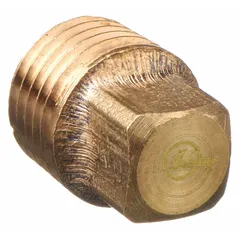 This threaded medium-pressure pipe fitting is a square drive cored plug used to seal and close off pipe ends in industrial piping systems. Made from CA2745 brass, it features 1/2 in NPT threads and is rated for a maximum operating pressure of 750 psi.