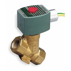 This REDHAT solenoid valve is a 2-way, 2-position normally closed type with a 1/2 in pipe size. It operates on 120V AC (also rated 110V AC) and features a watertight coil enclosure. Suitable for on/off flow control of liquids or gases in applications requiring moisture resistance.